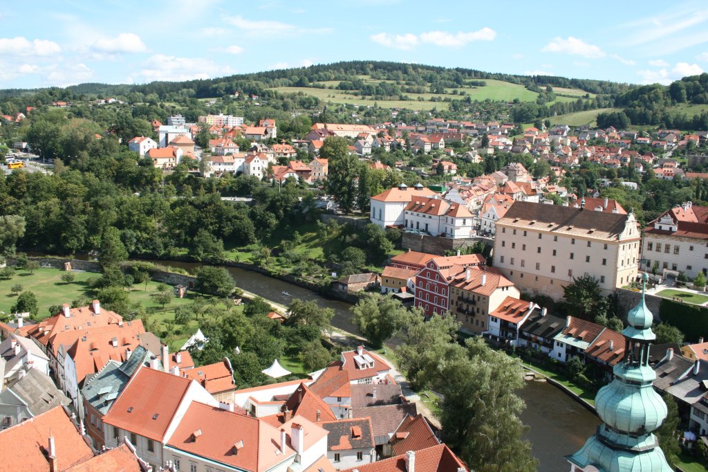 The Vltava River gently wraps around Český Krumlov, creating its iconic 'S' shape.