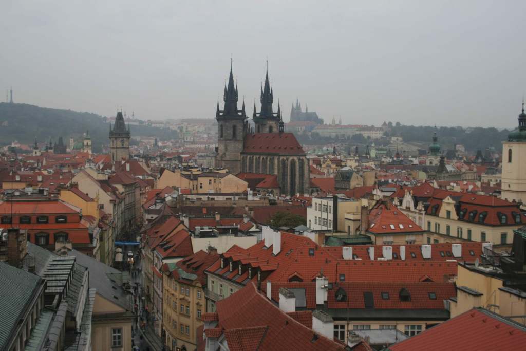 The breathtaking view of Prague where vibrant green trees meet classic red roofs.