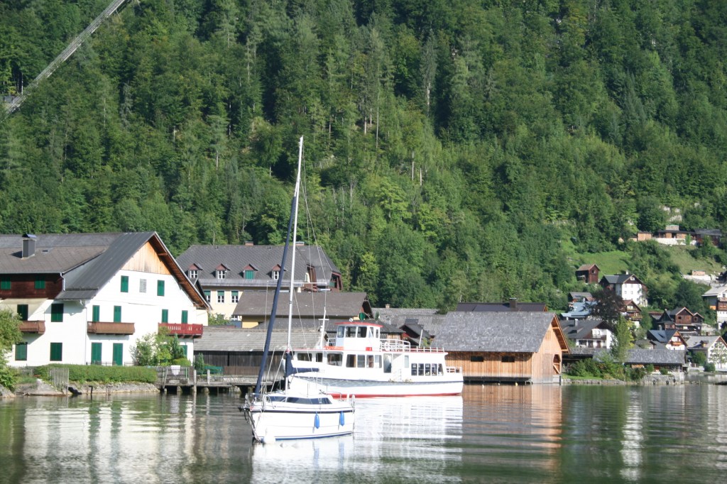 The village of Hallstatt appearing through the mist as seen from the ferry.