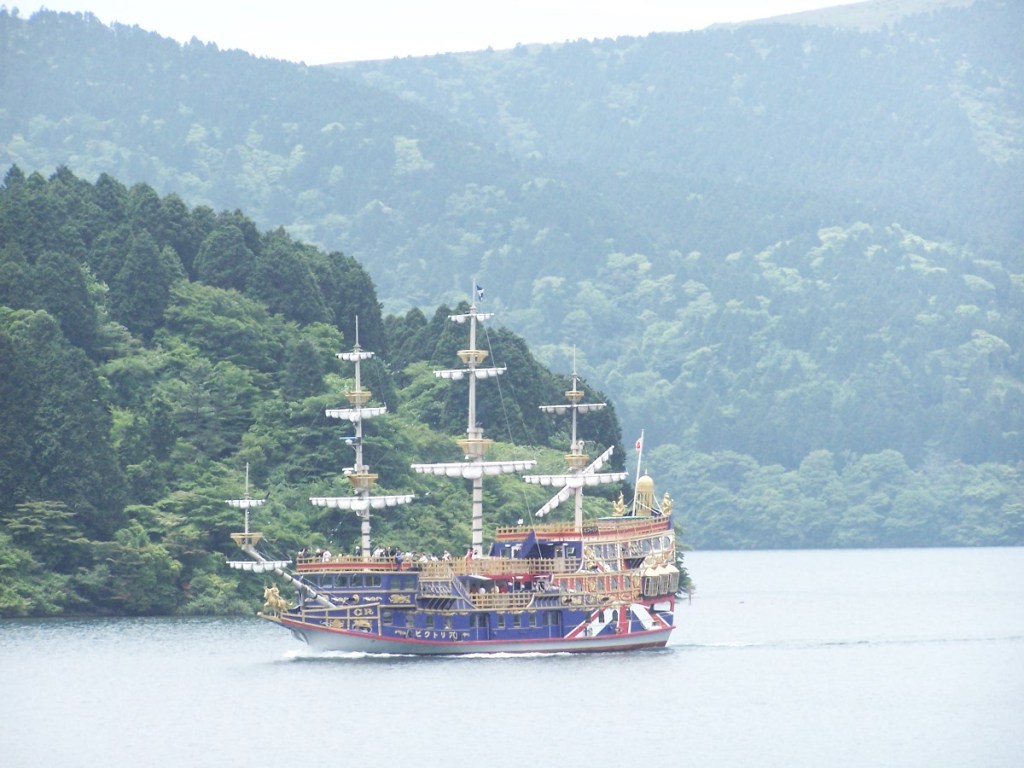 A sightseeing pirate ship sailing across Lake Ashi in Hakone.