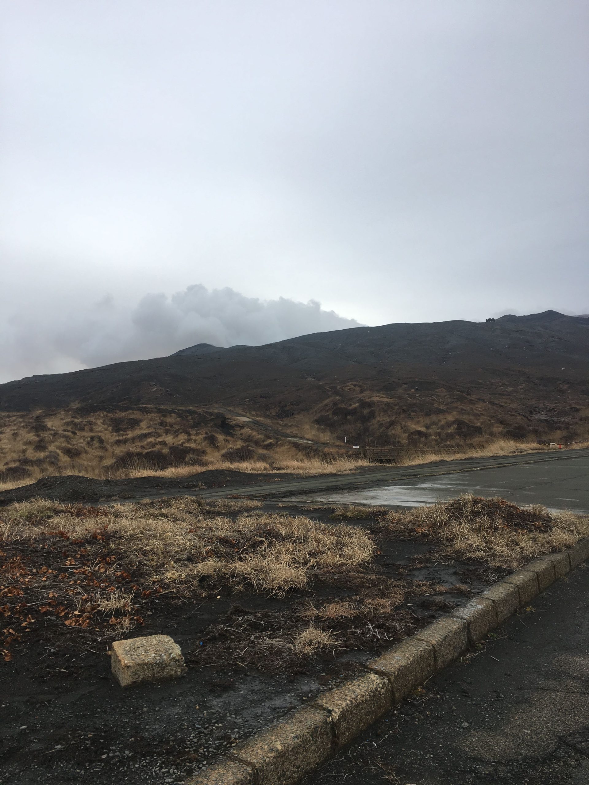 A thick plume of white volcanic smoke rising continuously from the dark Mount Aso crater beneath a cloudy winter sky.